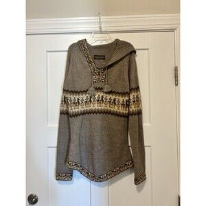 Tan Brown White Alpaca Knit Tassel Bead Hooded Sweater Made in Peru Size Medium
